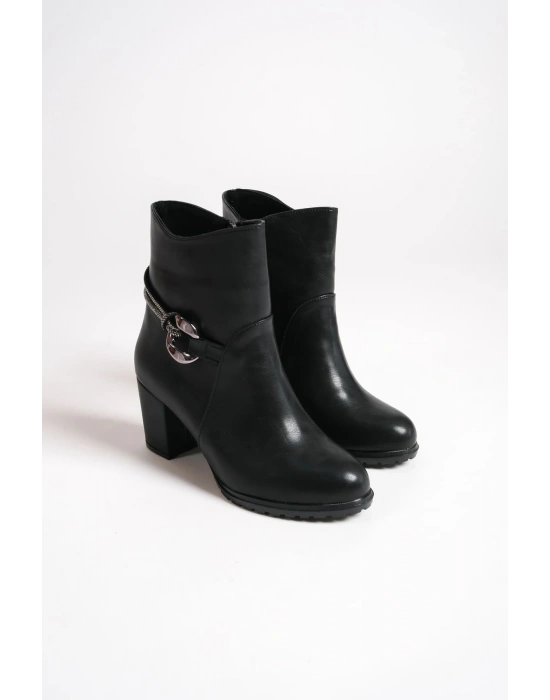EDNA Fermuarlı Ortopedik Taban Taşlı Topuklu Kadın Bot CST - Siyah