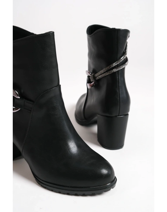 EDNA Fermuarlı Ortopedik Taban Taşlı Topuklu Kadın Bot CST - Siyah