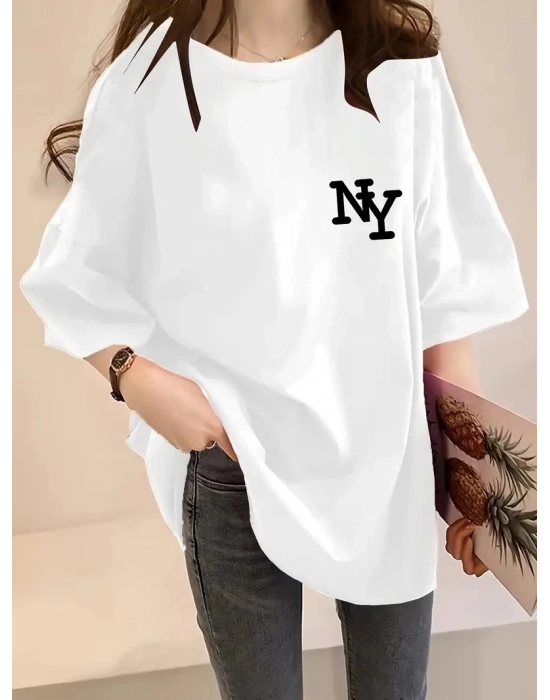Eğlenceli Harf NY Baskılı Bisiklet Yaka Tişört- Beyaz -