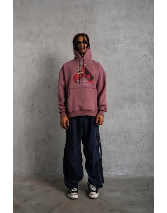 Eldiven Baskılı Kapüşonlu Sweat - Gül Kurusu