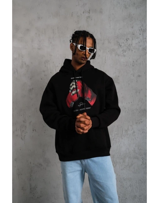 Eldiven Baskılı Kapüşonlu Sweat - Siyah -