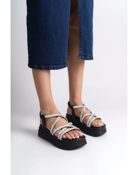 ELENA Lastikli Taşlı Şeritli Ortopedik Taban Kadın Sandalet CST - Siyah