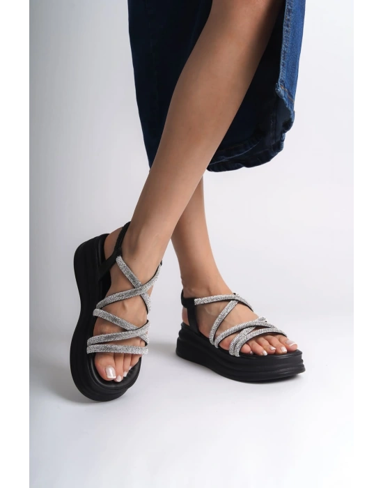 ELENA Lastikli Taşlı Şeritli Ortopedik Taban Kadın Sandalet CST - Siyah