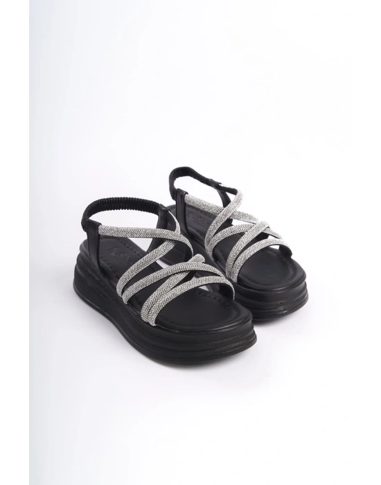 ELENA Lastikli Taşlı Şeritli Ortopedik Taban Kadın Sandalet CST - Siyah