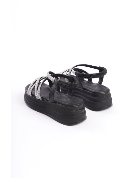 ELENA Lastikli Taşlı Şeritli Ortopedik Taban Kadın Sandalet CST - Siyah