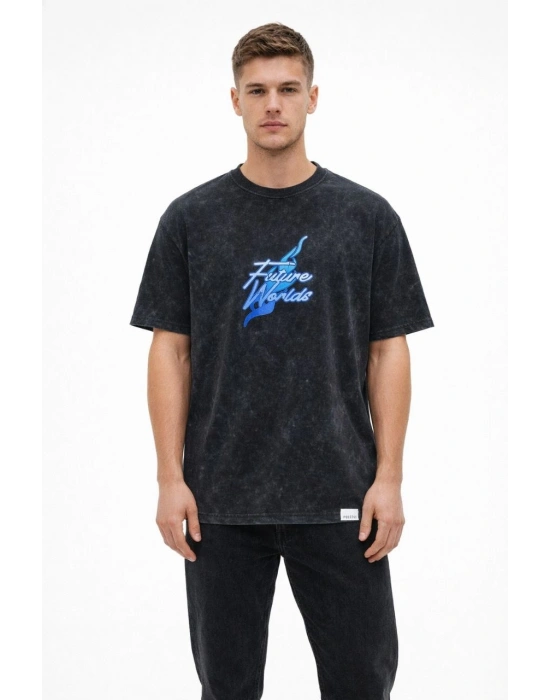 Erkek Asit Yıkamalı Oversize Tişört - Siyah