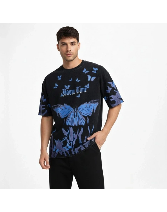 Erkek Asit Yıkamalı Oversize Tişört- Siyah