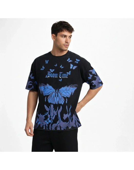 Erkek Asit Yıkamalı Oversize Tişört- Siyah