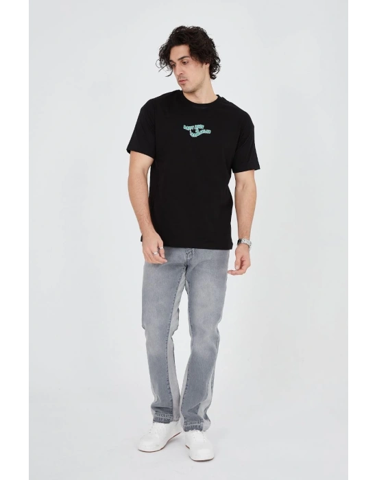Erkek Baskılı 24/1 Penye T-Shirt - Siyah
