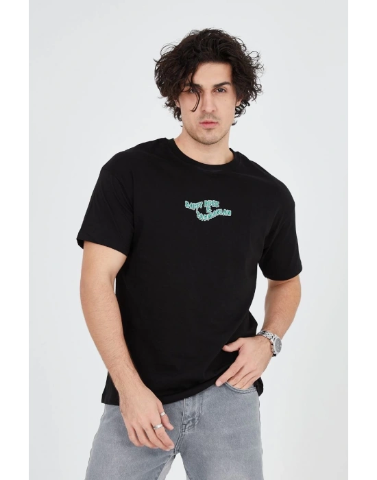 Erkek Baskılı 24/1 Penye T-Shirt - Siyah