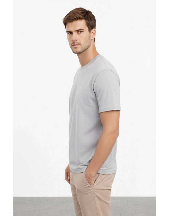 Erkek Bisiklet Yaka Tişört Regular Kalıp Basic Pamuklu Günlük Kullanım T-shirt - Gri