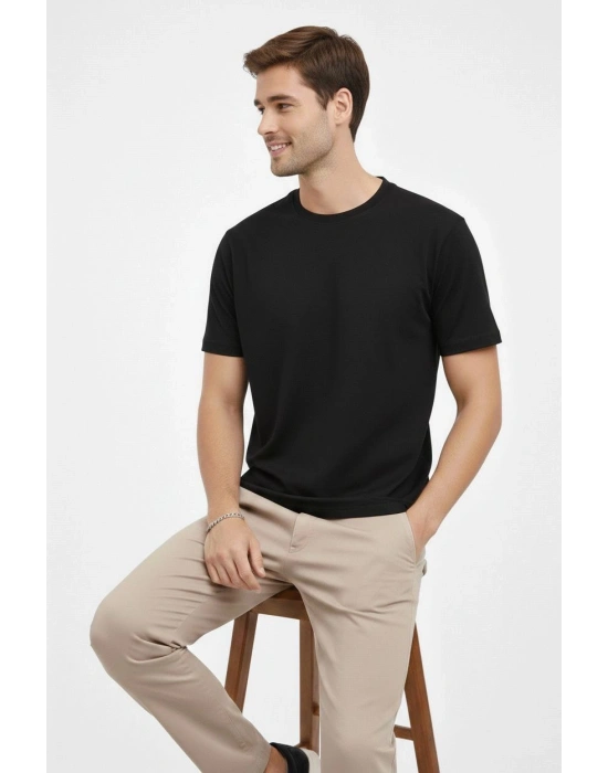 Erkek Bisiklet Yaka Tişört Regular Kalıp Basic Pamuklu Günlük Kullanım T-shirt - Siyah