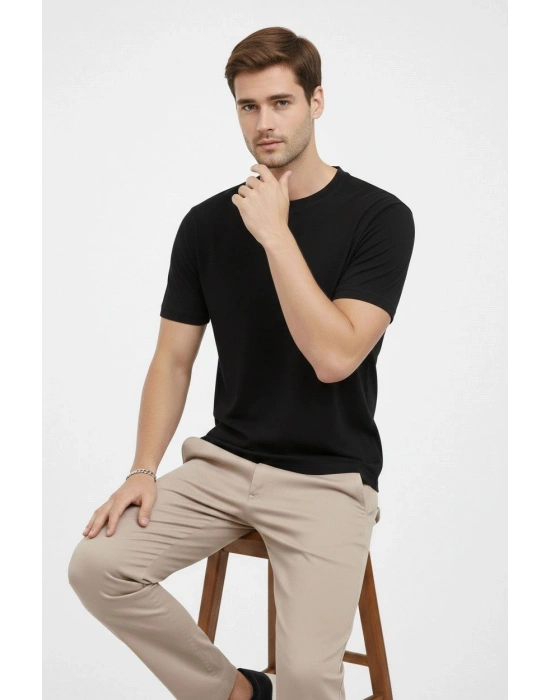 Erkek Bisiklet Yaka Tişört Regular Kalıp Basic Pamuklu Günlük Kullanım T-shirt - Siyah