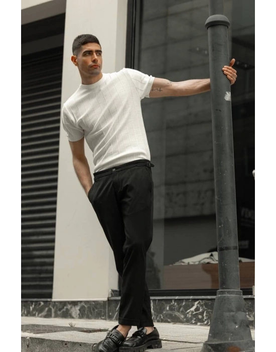 Erkek Biskilet Yaka Triko T-Shirt - Beyaz