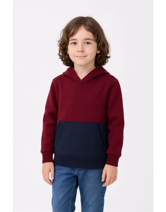 Erkek Çocuk Kapüşonlu Kanguru Cepli Parçalı SweatShirt - Renkli