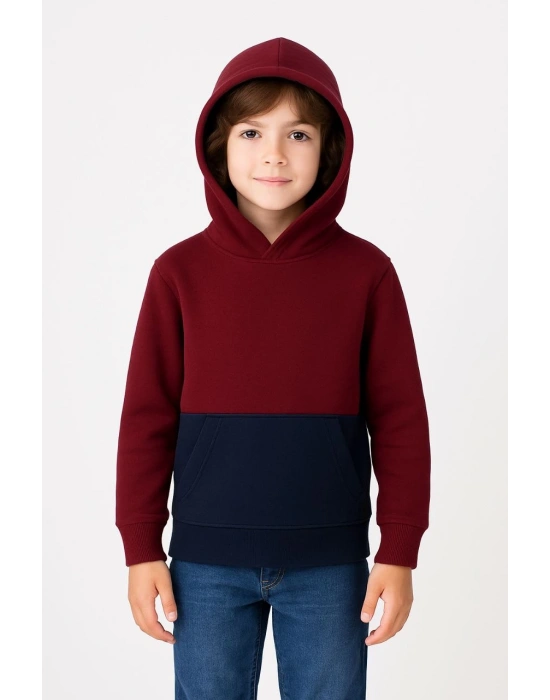 Erkek Çocuk Kapüşonlu Kanguru Cepli Parçalı SweatShirt - Renkli