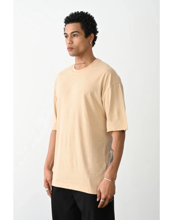 Erkek Düz Basic Bisiklet Yaka Kısa kol T-Shirt - Bej