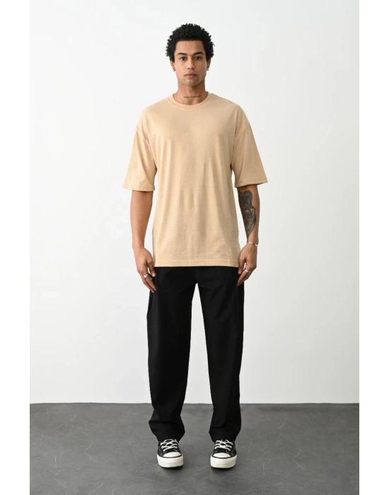 Erkek Düz Basic Bisiklet Yaka Kısa kol T-Shirt - Bej