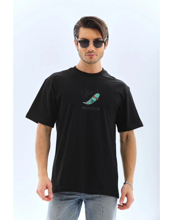 Erkek Kısa Kol Baskılı Bisiklet Yaka T-Shirt - Siyah