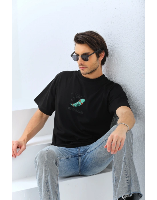 Erkek Kısa Kol Baskılı Bisiklet Yaka T-Shirt - Siyah