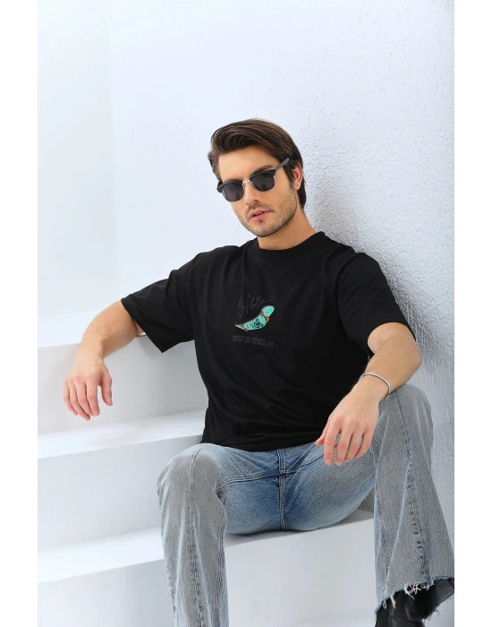 Erkek Kısa Kol Baskılı Bisiklet Yaka T-Shirt - Siyah