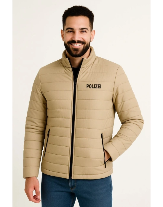 Erkek Mikro Su İtici Kapitone Baskılı Astarlı Fermuarlı Bomber Mont - Bej