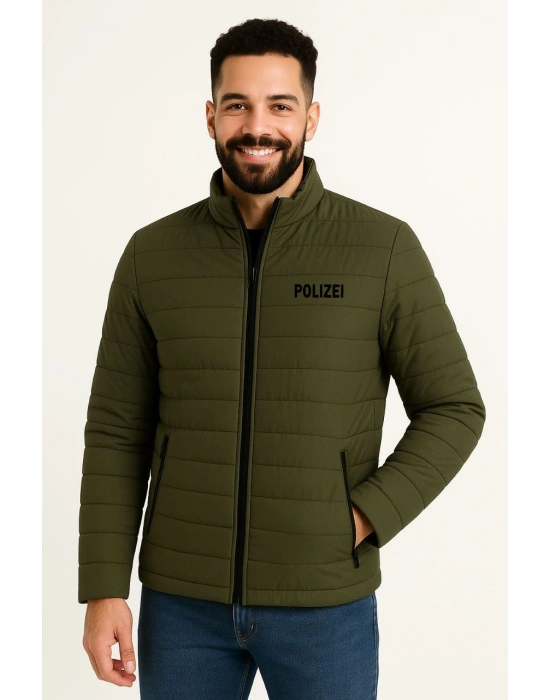 Erkek Mikro Su İtici Kapitone Baskılı Astarlı Fermuarlı Bomber Mont - Haki