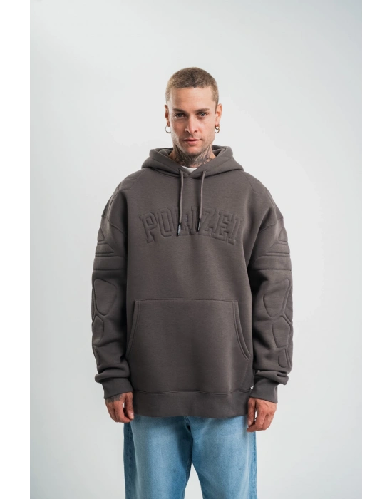 Erkek Nakış İşlemeli Kapşonlu Antrasit Sweatshirt Üç İplik Double Oversize- Füme