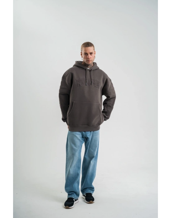 Erkek Nakış İşlemeli Kapşonlu Antrasit Sweatshirt Üç İplik Double Oversize- Füme