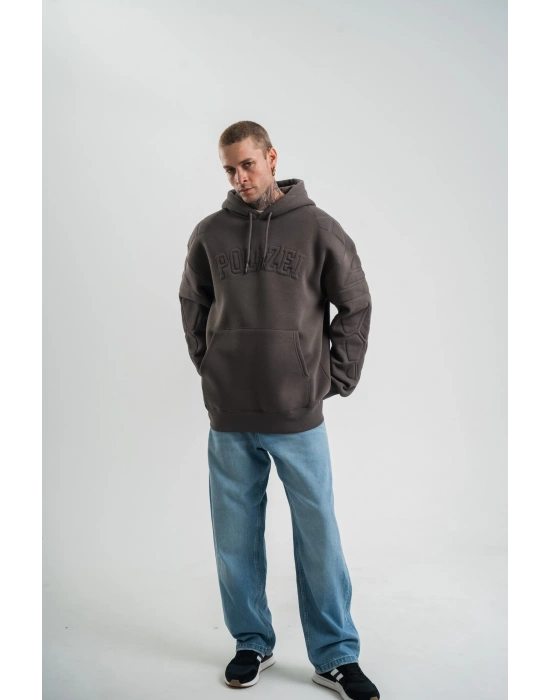 Erkek Nakış İşlemeli Kapşonlu Antrasit Sweatshirt Üç İplik Double Oversize- Füme