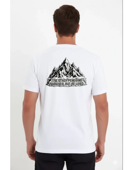 Erkek Nihilist Penguen Temalı Oversize Bisiklet Yaka Tişört - Beyaz