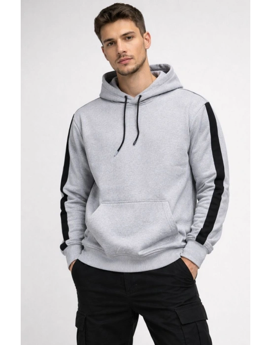 Erkek Şeritli Kapüşonlu Sweatshirt Oversize 3 iplik Pamuklu - Beyaz