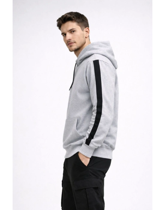 Erkek Şeritli Kapüşonlu Sweatshirt Oversize 3 iplik Pamuklu - Beyaz