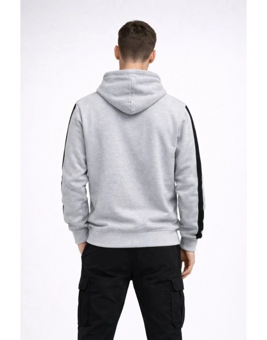 Erkek Şeritli Kapüşonlu Sweatshirt Oversize 3 iplik Pamuklu - Beyaz