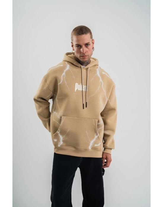 Erkek Şimşek Baskılı Kapşonlu Sweatshirt Üç İplik Pamuklu Kanguru Cepli Double - Bej
