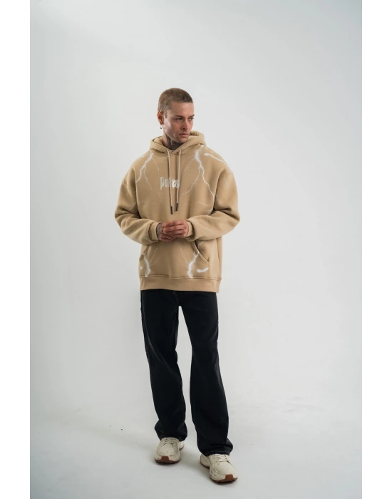 Erkek Şimşek Baskılı Kapşonlu Sweatshirt Üç İplik Pamuklu Kanguru Cepli Double - Bej