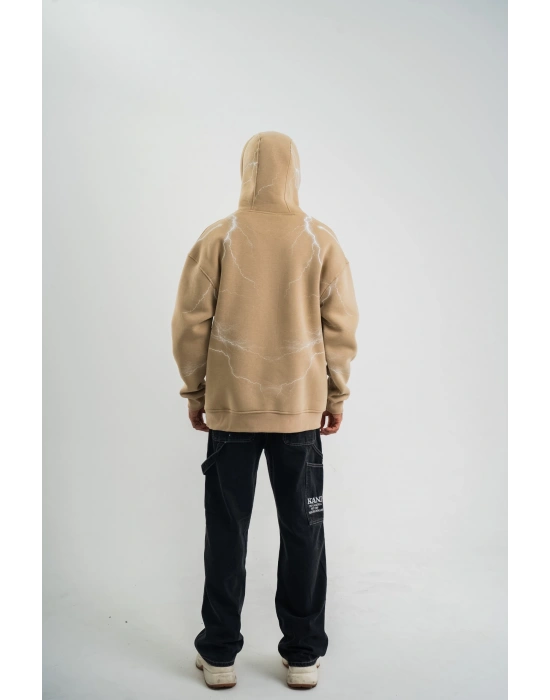 Erkek Şimşek Baskılı Kapşonlu Sweatshirt Üç İplik Pamuklu Kanguru Cepli Double - Bej
