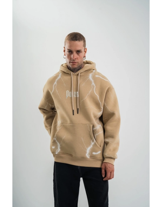 Erkek Şimşek Baskılı Kapşonlu Sweatshirt Üç İplik Pamuklu Kanguru Cepli Double - Bej