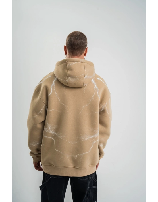 Erkek Şimşek Baskılı Kapşonlu Sweatshirt Üç İplik Pamuklu Kanguru Cepli Double - Bej