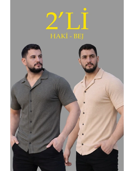 Erkek Waffle Dokuma Açık Yakalı Düğmeli Regular Kalıp 2’li Gömlek Seti - Haki  Bej