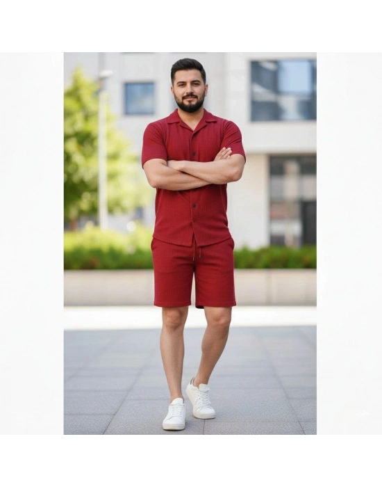 Erkek Waffle Kısa Kollu Gömlek Şort Takım Regular Fit İkili Set - Bordo