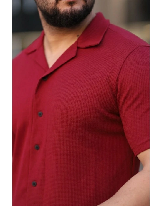 Erkek Waffle Kısa Kollu Gömlek Şort Takım Regular Fit İkili Set - Bordo
