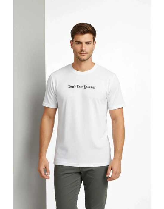 Erkek Wafıl Kumaş Tişört Regular Kalıp Bisiklet Yaka Baskılı Günlük Basic T-Shirt - Beyaz