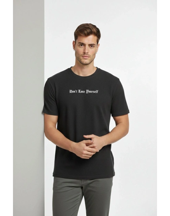 Erkek Wafıl Kumaş Tişört Regular Kalıp Bisiklet Yaka Baskılı Günlük Basic T-Shirt - Siyah
