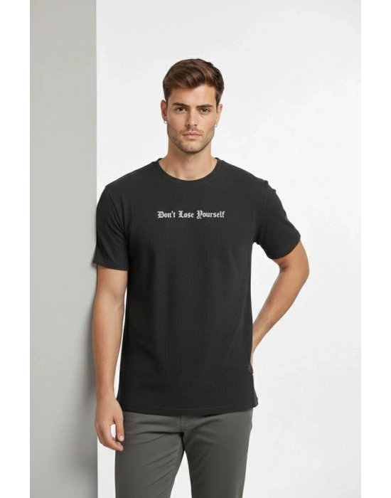 Erkek Wafıl Kumaş Tişört Regular Kalıp Bisiklet Yaka Baskılı Günlük Basic T-Shirt - Siyah