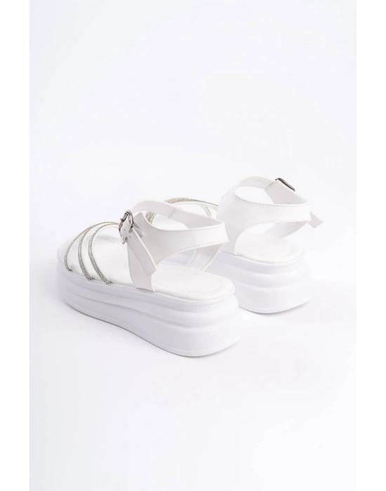 EVA Kalın Tokalı Taşlı Şeritli Ortopedik Taban Kadın Sandalet  CBT - Beyaz