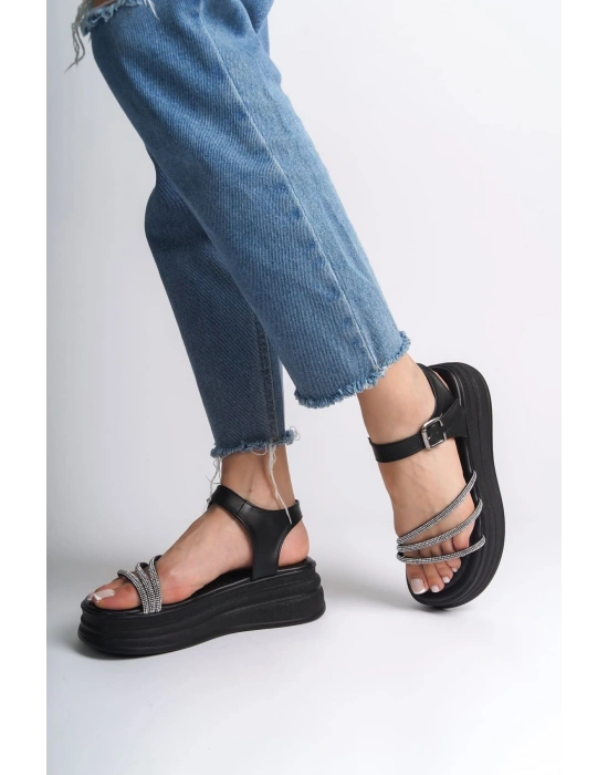 EVA Kalın Tokalı Taşlı Şeritli Ortopedik Taban Kadın Sandalet  CST - Siyah