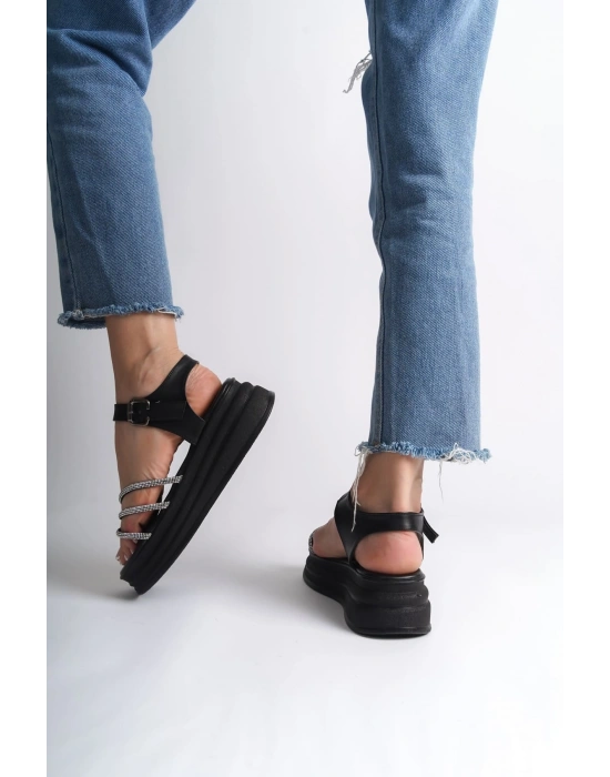 EVA Kalın Tokalı Taşlı Şeritli Ortopedik Taban Kadın Sandalet  CST - Siyah