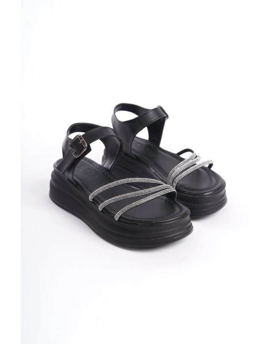 EVA Kalın Tokalı Taşlı Şeritli Ortopedik Taban Kadın Sandalet  CST - Siyah