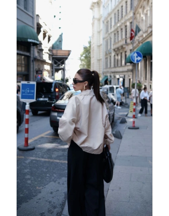 Fermuarlı Gömlek Yaka Bomber Ceket - Beyaz -